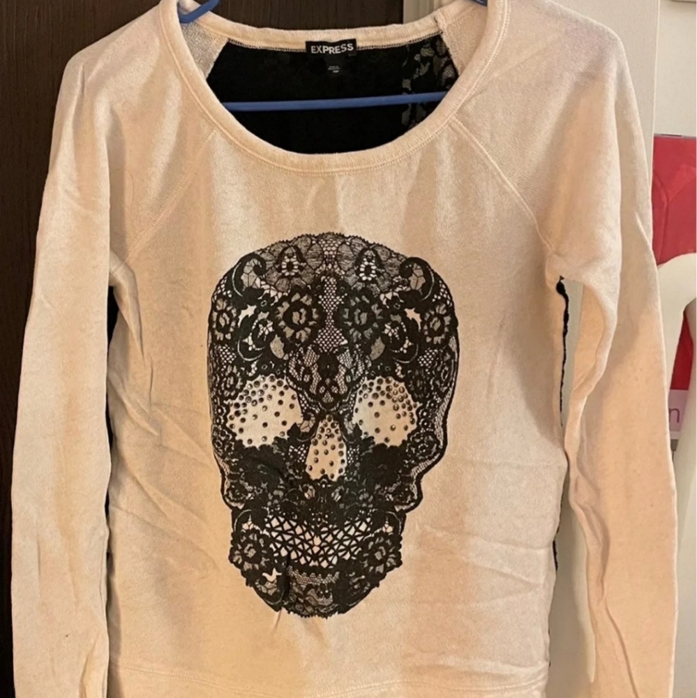 Express Cream Skull Print Sweater